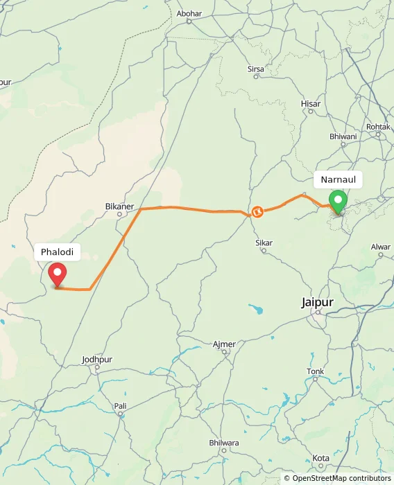 Route map showing distance and travel time from Narnaul, India to Phalodi, India