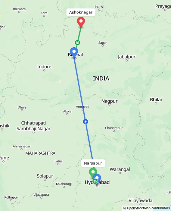 Route map showing distance and travel time from Narsapur, India to Ashoknagar, India