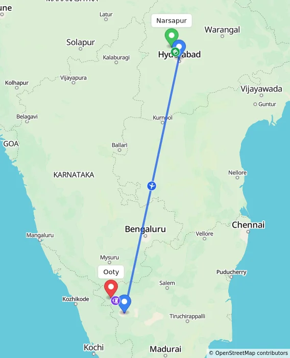 Route map showing distance and travel time from Narsapur, India to Ooty, India