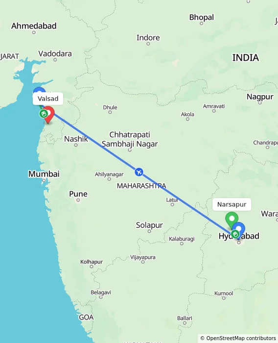 Route map showing distance and travel time from Narsapur, India to Valsad, India