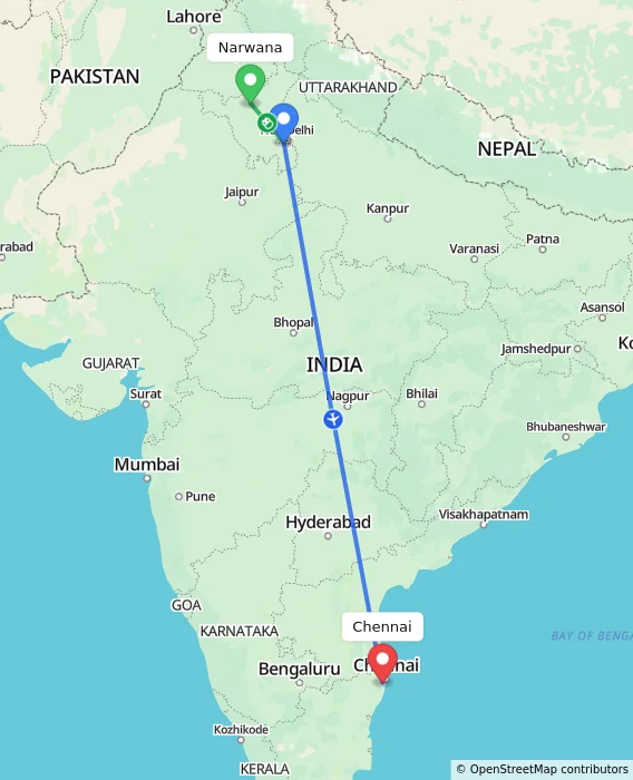Route map showing distance and travel time from Narwana, India to Chennai, India