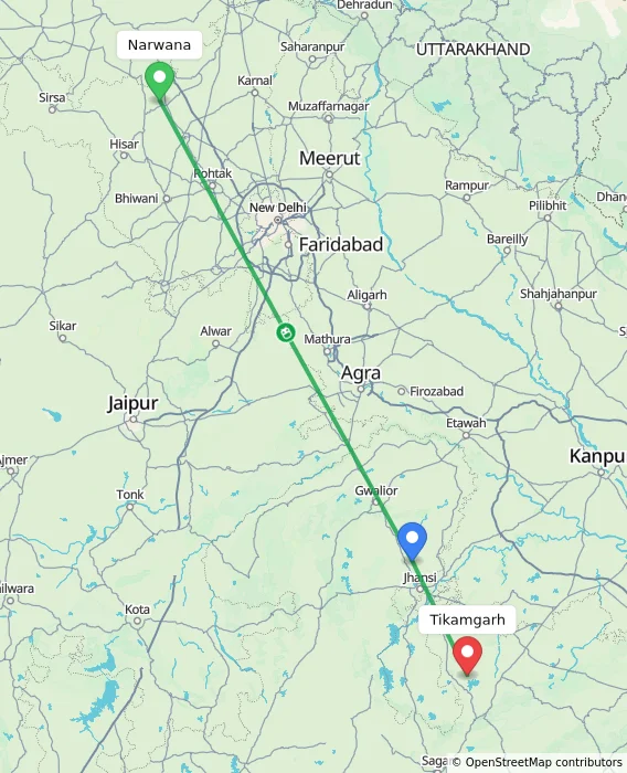 Route map showing distance and travel time from Narwana, India to Tikamgarh, India