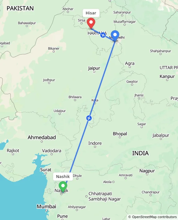Route map showing distance and travel time from Nashik, India to Hisar, India