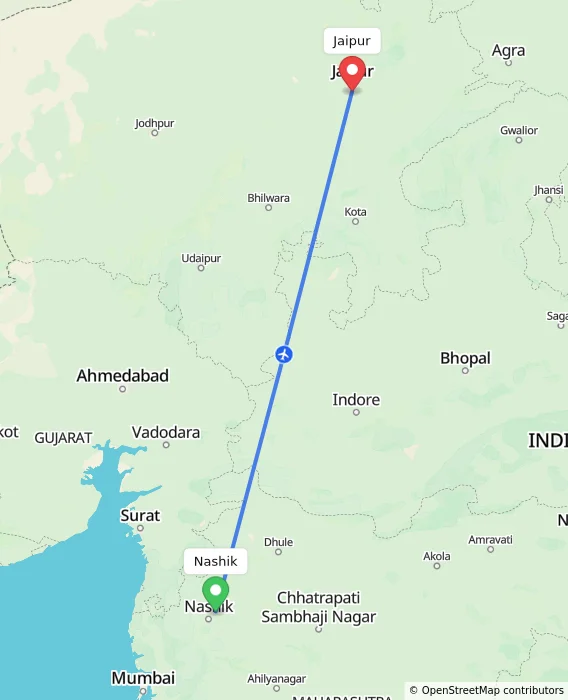 Route map showing distance and travel time from Nashik, India to Jaipur, India
