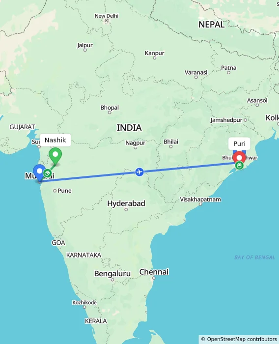 Route map showing distance and travel time from Nashik, India to Puri, India