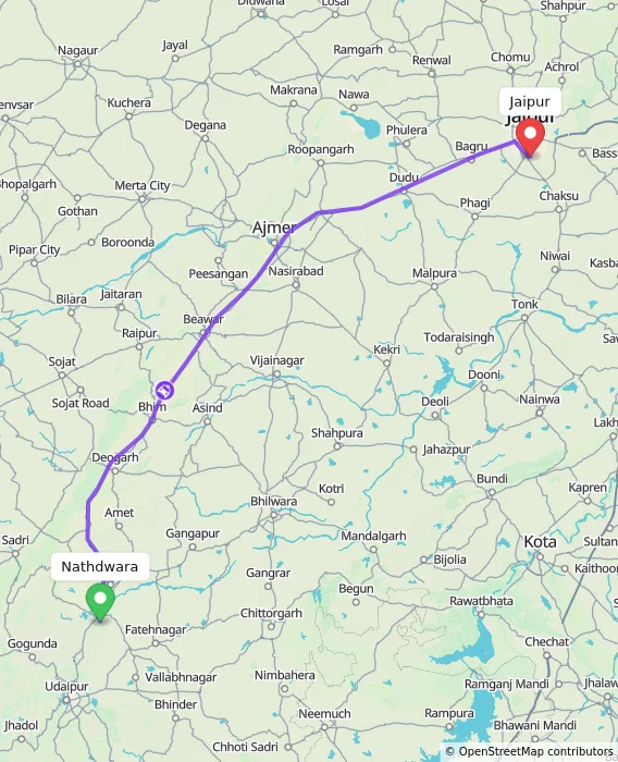 Route map showing distance and travel time from Nathdwara, India to Jaipur, India
