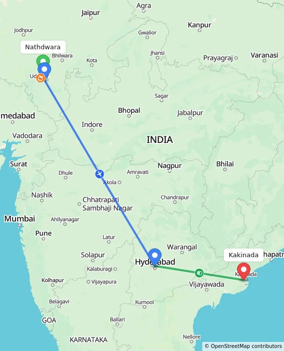 Route map showing distance and travel time from Nathdwara, India to Kakinada, India