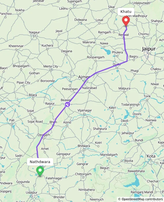 Route map showing distance and travel time from Nathdwara, India to Khatu, India