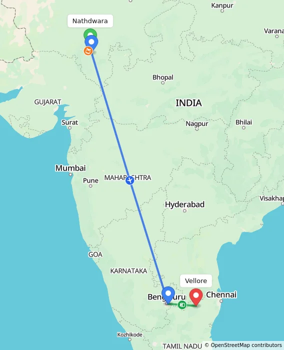 Route map showing distance and travel time from Nathdwara, India to Vellore, India