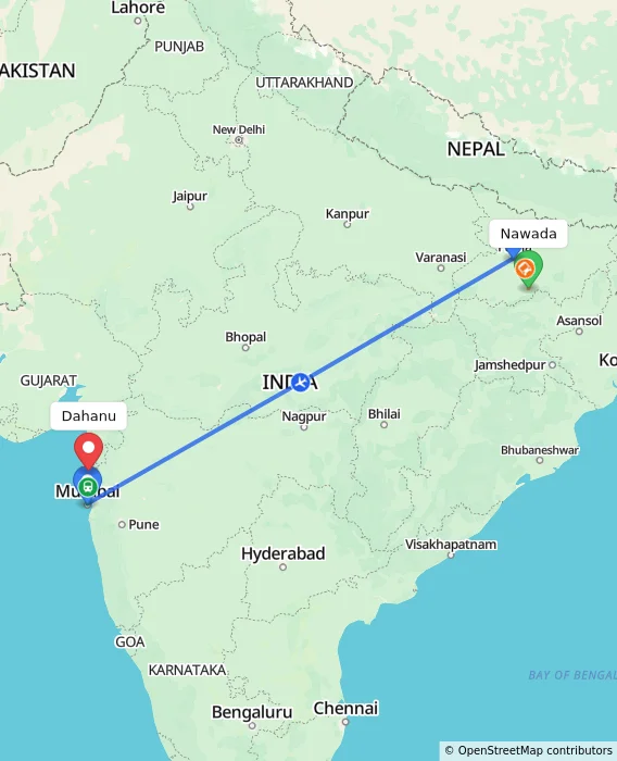 Route map showing distance and travel time from Nawada, India to Dahanu, India