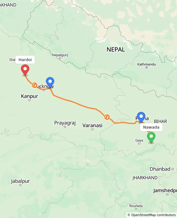 Route map showing distance and travel time from Nawada, India to Hardoi, India
