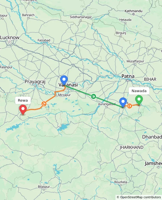 Route map showing distance and travel time from Nawada, India to Rewa, India