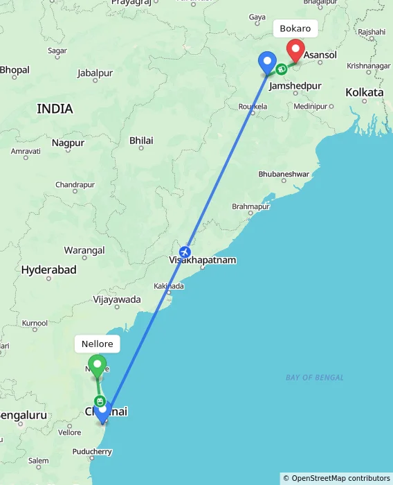 Route map showing distance and travel time from Nellore, India to Bokaro, India
