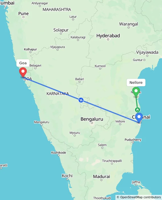 Route map showing distance and travel time from Nellore, India to Goa, India