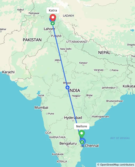 Route map showing distance and travel time from Nellore, India to Katra, India