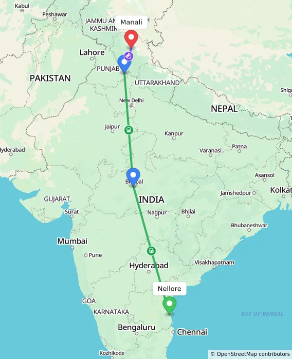 Route map showing distance and travel time from Nellore, India to Manali, India