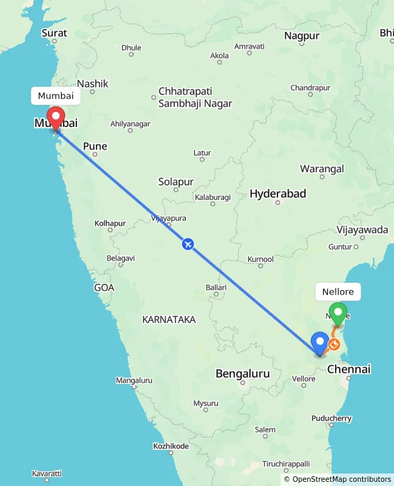 Route map showing distance and travel time from Nellore, India to Mumbai, India