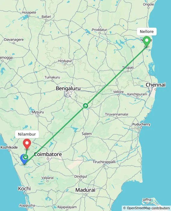 Route map showing distance and travel time from Nellore, India to Nilambur, India