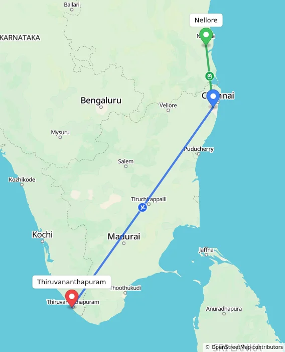 Route map showing distance and travel time from Nellore, India to Thiruvananthapuram, India