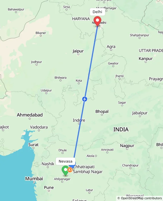 Route map showing distance and travel time from Nevasa, India to Delhi, India