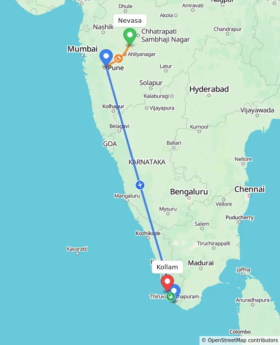 Route map showing distance and travel time from Nevasa, India to Kollam, India