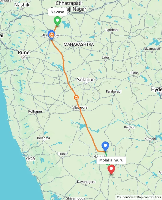 Route map showing distance and travel time from Nevasa, India to Molakalmuru, India