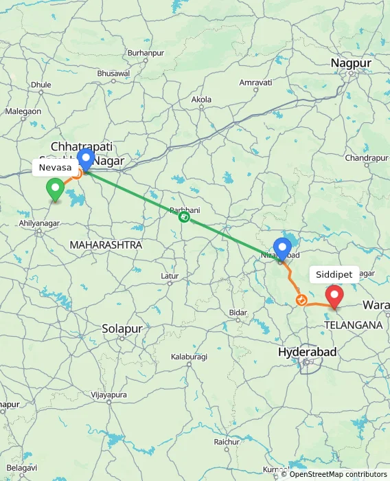 Route map showing distance and travel time from Nevasa, India to Siddipet, India