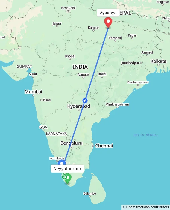 Route map showing distance and travel time from Neyyattinkara, India to Ayodhya, India