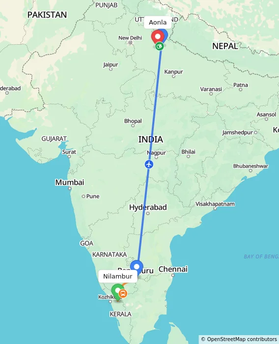 Route map showing distance and travel time from Nilambur, India to Aonla, India