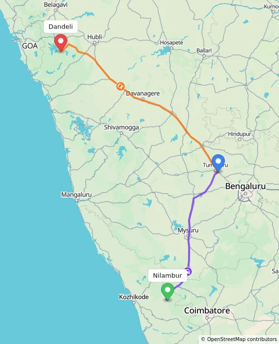 Route map showing distance and travel time from Nilambur, India to Dandeli, India