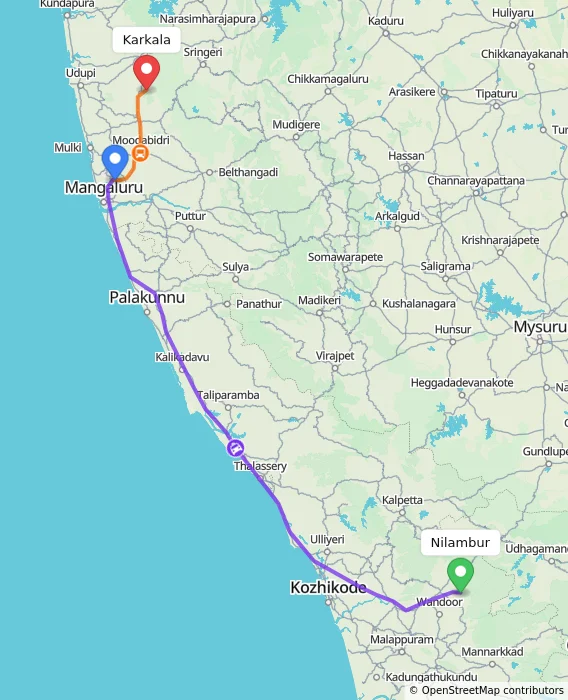 Route map showing distance and travel time from Nilambur, India to Karkala, India