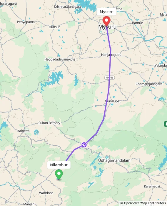 Route map showing distance and travel time from Nilambur, India to Mysore, India