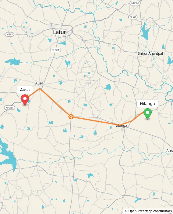 Route map showing distance and travel time from Nilanga, India to Ausa, India