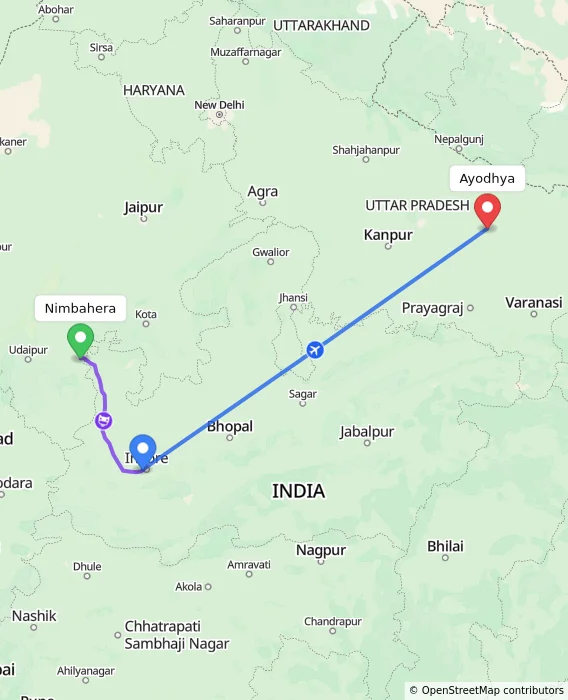 Route map showing distance and travel time from Nimbahera, India to Ayodhya, India