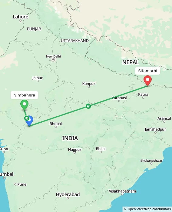 Route map showing distance and travel time from Nimbahera, India to Sitamarhi, India