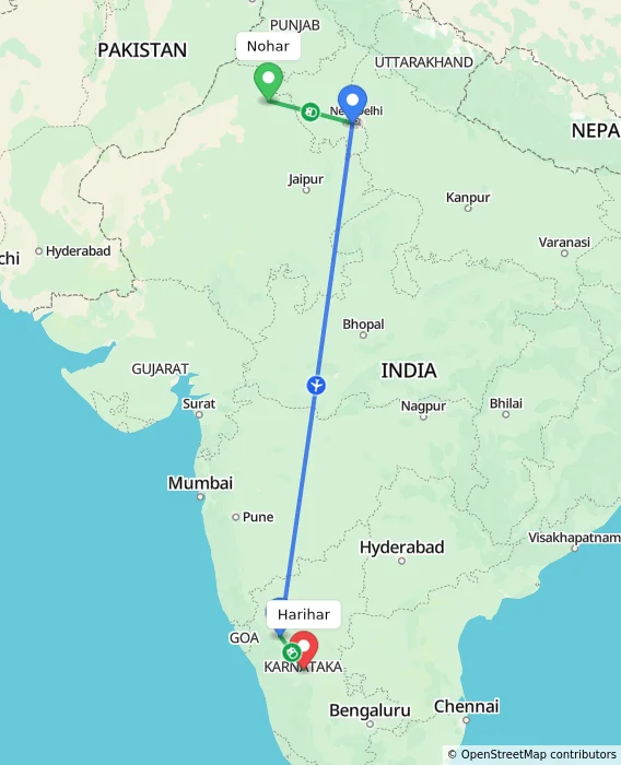 Route map showing distance and travel time from Nohar, India to Harihar, India