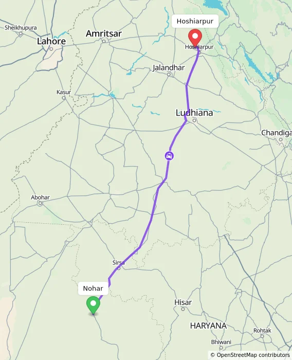 Route map showing distance and travel time from Nohar, India to Hoshiarpur, India