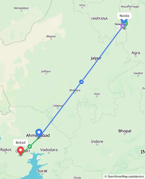 Route map showing distance and travel time from Noida, India to Botad, India