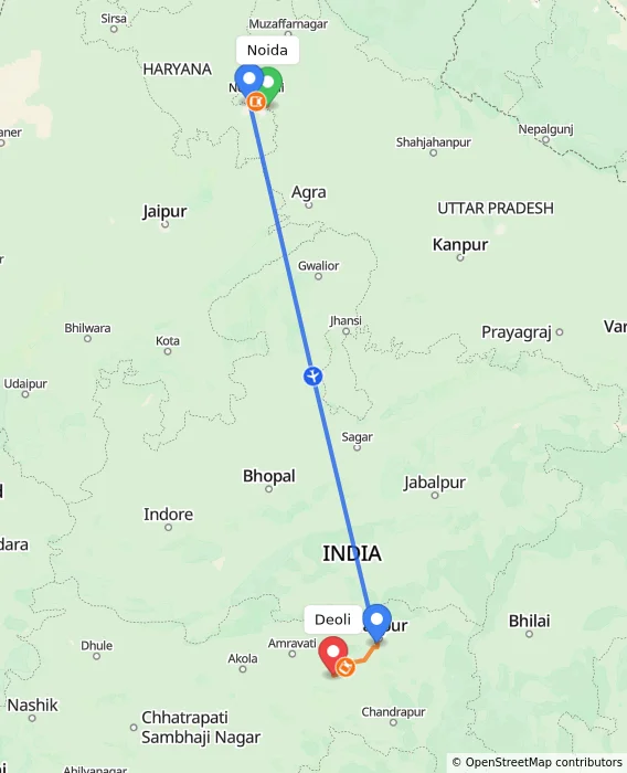 Route map showing distance and travel time from Noida, India to Deoli, India