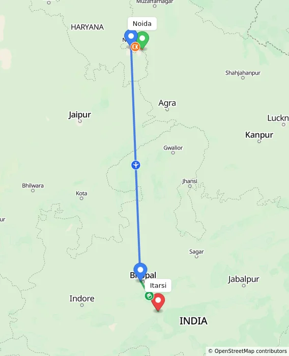 Route map showing distance and travel time from Noida, India to Itarsi, India