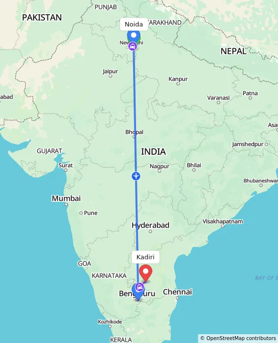 Route map showing distance and travel time from Noida, India to Kadiri, India