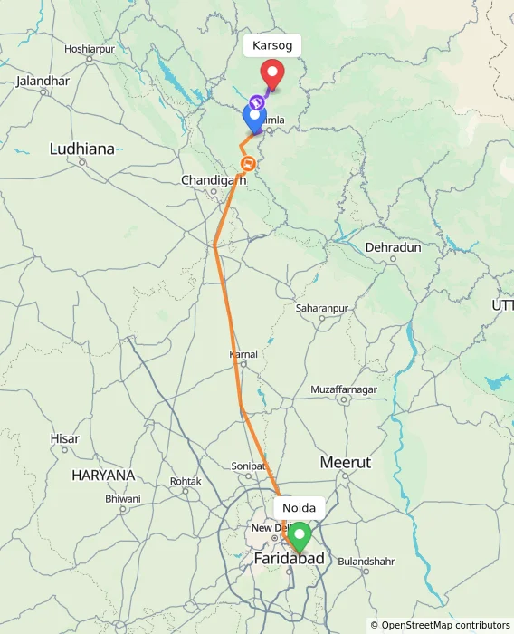 Route map showing distance and travel time from Noida, India to Karsog, India