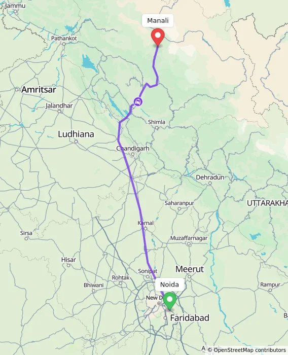 Route map showing distance and travel time from Noida, India to Manali, India