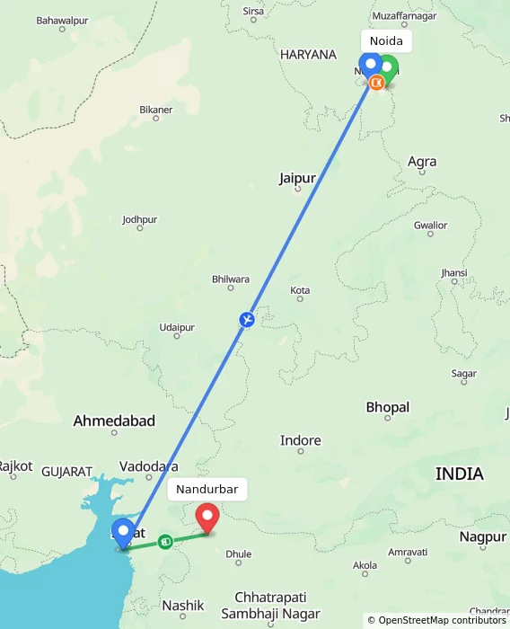 Route map showing distance and travel time from Noida, India to Nandurbar, India