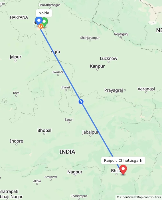 Route map showing distance and travel time from Noida, India to Raipur, Chhattisgarh, India