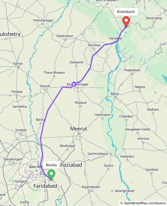 Route map showing distance and travel time from Noida, India to Rishikesh, India