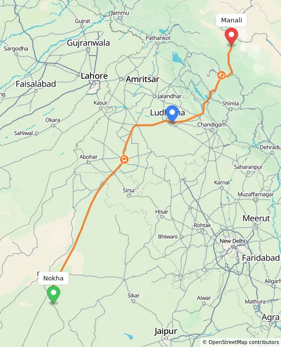 Route map showing distance and travel time from Nokha, India to Manali, India