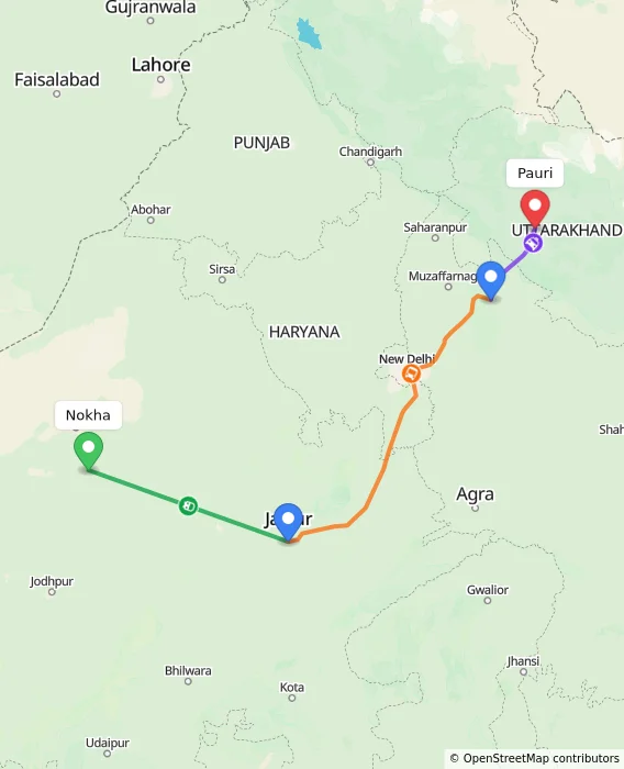 Route map showing distance and travel time from Nokha, India to Pauri, India