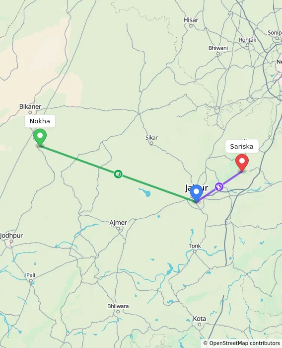 Route map showing distance and travel time from Nokha, India to Sariska, India