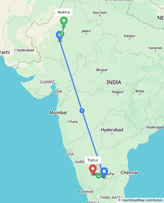 Route map showing distance and travel time from Nokha, India to Tiptur, India